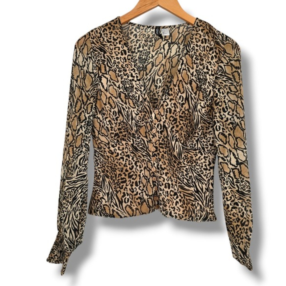 H&M Divided Mixed Animal Print Button Front Smocked Waist Blouse Brown Size 6